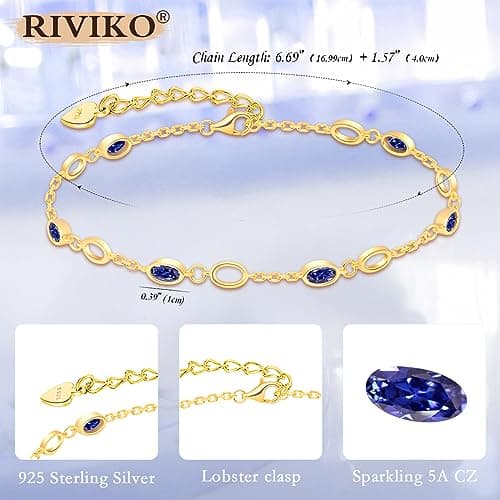 RIVIKO Birthstone Bracelets for Women,925 Sterling Silver Gold Plated Dainty Women Charm Link Bracelet,Adjustable Anniversary Jewelry Chrismas Birthday Mothers day Gifts for Mom Her Wife Friend Lady view 5