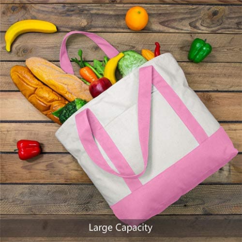 TOPDesign 1-Pack Canvas Tote Bag with an External Pocket, Reusable Grocery Shopping Bag, Top Zipper Closure, Daily Essentials (Pink/Natural) view 4