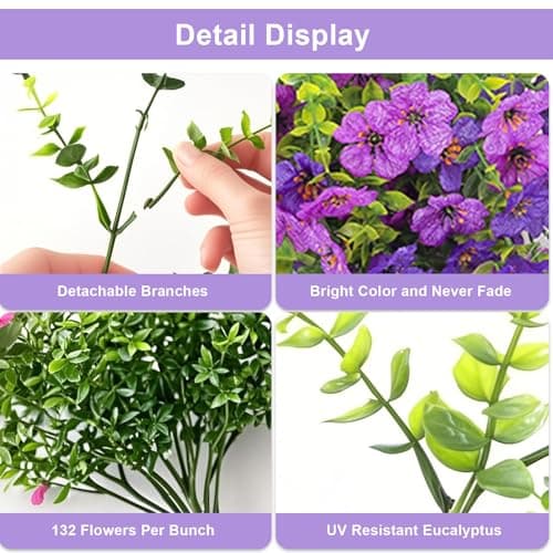 Artificial Fake Flowers Plants for Outdoors, 2 PCS UV Resistant Faux Silk Daisy with Eucalyptus Leaves Hanging Flowers for Home Garden Balcony Yard Porch Decor(Double Purple) view 4