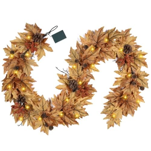 6ft Lighted Fall Garland with 30 Lights & Automatic Timer & Maple Leaves view 2