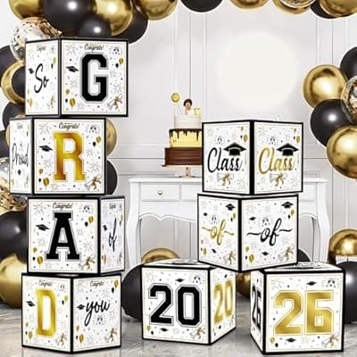 OHOME 8 Pack Graduation Decorations 2026 - Black Gold Balloon Boxes for Class of 2026 Party Favors Supplies - Graduation Party Decorations 2026 Yard Signs Banner Backdrop Decor (Black)