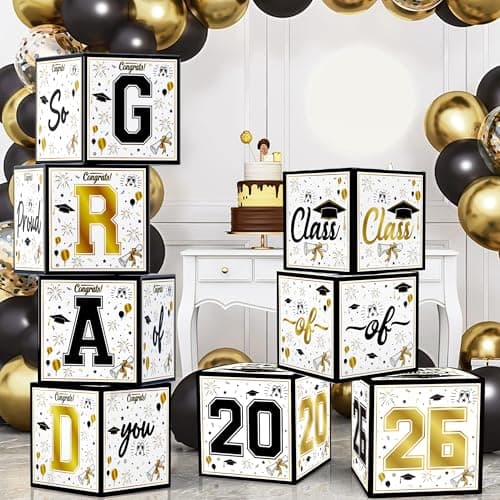 OHOME 8 Pack Graduation Decorations 2026 - Black Gold Balloon Boxes for Class of 2026 Party Favors Supplies - Graduation Party Decorations 2026 Yard Signs Banner Backdrop Decor (Black) view 1