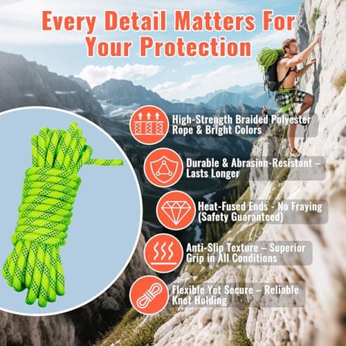 Keepark 10.5mm 1/2 Inch Static Climbing Rope - 32FT to 150FT - 9000lbs Arborist Tree Rope, Heavy Duty Rappelling Rope for Adults & Kids Rock Climbing, Fire Rescue, Escape, Caving, Sailing & Swing view 6