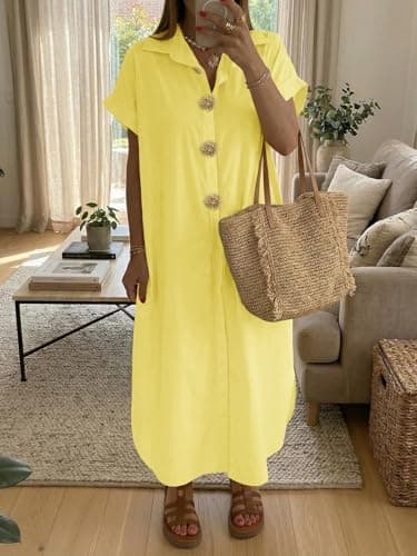 Wenrine Womens Summer Shirt Dress Casual Short Sleeve Button Maxi Dresses Beach Cover Up with Pockets view 4