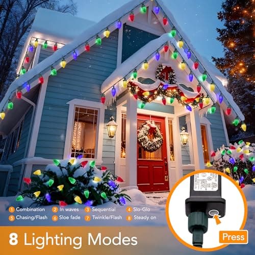 Ucutely C9 LED Christmas Lights Outdoor,33 Feet 50 LED 8 Lighting Modes Waterproof Connectable Christmas String Lights for Outside Roofline Patio Home Xmas Decorations (Multicolored) view 2