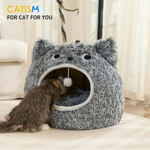 CATISM Cat Bed, Cat Beds for Indoor Cats - Kitten Bed Cave Washable, Soft Plush Hooded, Removable Pillow, Non-Slip Base, Large Cave for Kitty view 4