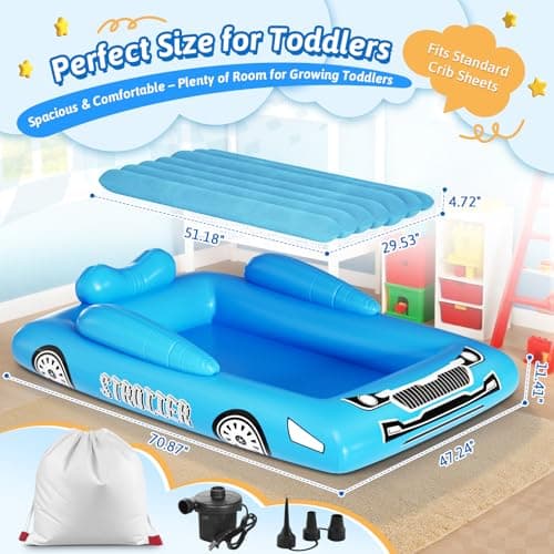 Inflatable Toddler Travel Bed with Tent – Foldable Portable Toddler Bed Cot - Blow Up Kids Air Mattress with Safety Bumper, Pump Carry Bag – Indoor Outdoor Nap Bed for Home, Camping, Hotel (Blue Car) view 3
