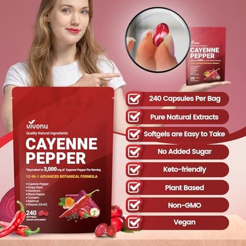 VivoNu Cayenne Pepper Softgels Supplement, Supports Leg Vein, Heart and Blood Vessel Health, with Vitamin E D3+K2 and Extracts of Grape Seed, Hawthorn, Beetroot, Berberine (Softgel / 1 Bag) view 6
