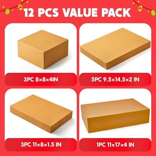 JOYIN 12PCS Christmas Brown Gift Boxes with Lids for Presents, 4" Deep Large Shirt Robe Wrapping Box, 4 Different Sizes Holiday Festive Lingerie Cupcake DIY Kraft Cardboard Boxes view 2