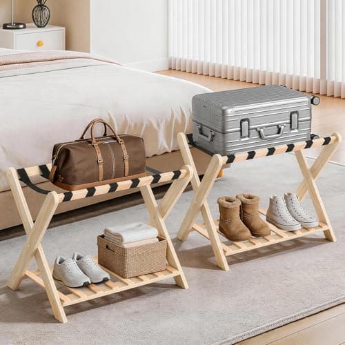 Luggage Rack Set of 2, Sturdy Wooden Luggage Rack for Guest Room, Folding Suitcase Stand with Storage Shelf, Luggage Stand with 6 Nylon Straps for Bedroom, Hotel view 1