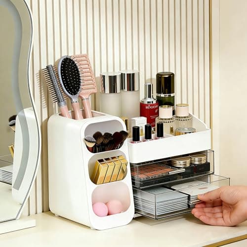 Makeup Organizer Countertop, Spacious Cosmetic Display Case with Makeup Brush Holder, Perfect Vanity Bathroom Organizer and Storage, White view 5