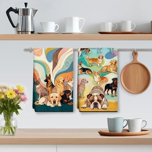 Boho Dog Tea Towels for Kitchen House Warming,18"x26" Geometric Hand Towel with Dog Print for Cupboard,Microfiber Quick Dry Dish Towels Set of 2,Hostess Decorate Gifts for Dogs Lover,Dogs Mom view 2