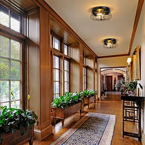 foucasal Industrial Black Flush Mount Ceiling Light 2-Light Farmhouse Fixtures Metal Cage Ceiling Lighting for Hallway, Kitchen, Foyer Bedroom Living Room Laundry view 2