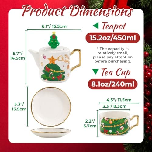 Christmas Tea Set with Removable Infuser, Atarvana Ceramic Tea Set with 1pcs 450ml Teapot, 2pcs 240ml Tea Cups and Saucers, 2pcs Spoons with Gift Box for Family and Kids Christmas Gift view 2