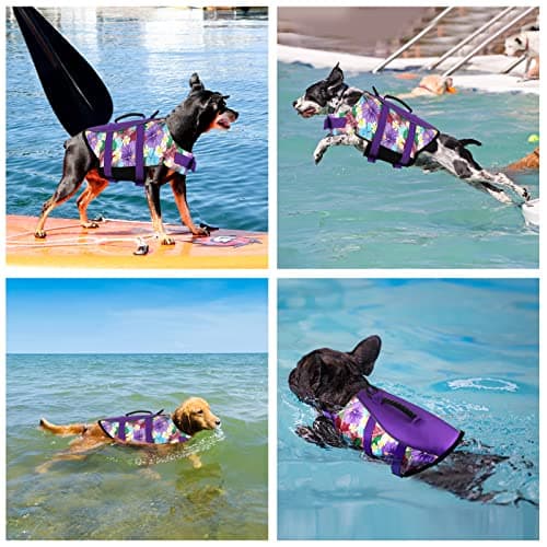 Mklhgty Hawaiian Dog Life Jacket - Adjustable Ripstop Vest with Rescue Handle for Swimming Boating, High-Flotation Safety Device for Small Medium Large Dogs (Floral Purple, L) view 5
