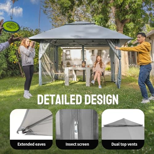 CROWN SHADES 13x13 Pop Up Gazebo, Canopy Tent, Gazebos on Clearance - Outdoor Gazebo for Backyard & Patio Furniture - Carpa Pop Up Tent with Wheeled STO-N-Go Cover Bag (Grey) view 4