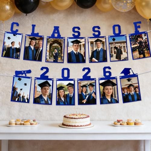 Graduation Photo Banner Class of 2026 Banner for Grad Decorations 2026 Pre-Strung K-12th Graduations Picture Banner for Middle High School College Graduation Party Supplies Blue 10 Feet view 2