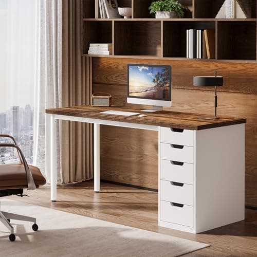 Tribesigns Modern Simple Computer Desk, 47 Inches PC Desk with 5 Reversible Drawers, Rustic Brown Study Writing Table Workstation for Home Office Small Spaces (Brown+White) — image 1