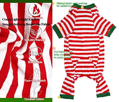 Sychien Dog Christmas Pajamas Medium,Red and White Striped Pjs for Boy Girl Dogs,Thermal Warm Cotton Christmas Holiday Jumpsuit,M view 2