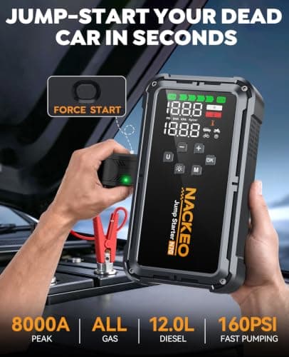 NACKEO 8000A Jump Starter with Air Compressor, 160PSI Portable Car Jump Starter for All Gas & 12L Diesel, Jump Box with Auto-Shutoff Tire Inflator, Large LCD Display, Jumper Cables & 600LM LED Light view 2
