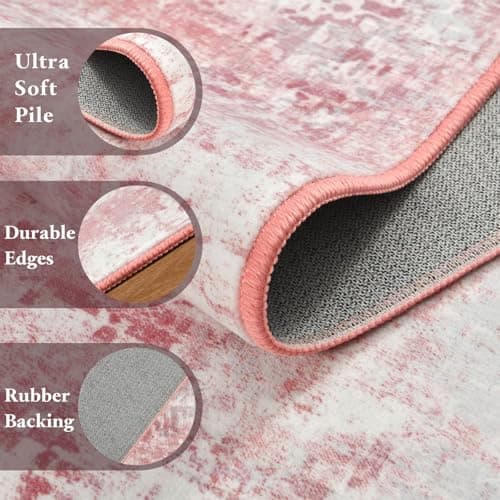 Macgace Washable Abstract Rug, 3x5 Modern Area Rugs with Non-Slip Rubber Backed for Bedroom, Thin but Soft Contemporary Carpet Kitchen Living Room Decor, Pink view 4