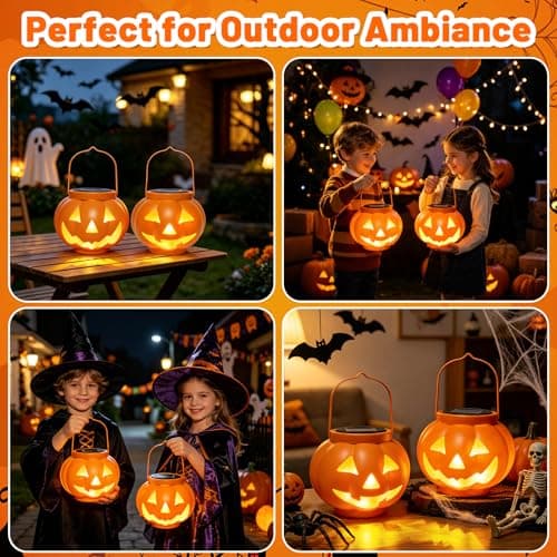 BRIGHTDECK Halloween Pumpkin Solar Lanterns 2 Pack, Jack O Lantern Pumpkin Lights for Halloween Decorations Outdoor, Weatherproof & Portable Fall Yard Decor (2Pack Warm White) view 5