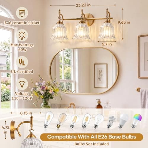 3-Light Bathroom Vanity Light for Bathroom, Brushed Gold Bathroom Light Fixtures with Ribbed Clear Bellflower Glass Shade, Vanity Lighting Fixtures Over Mirror for Bedroom Living Room Hallway Cabinet view 4