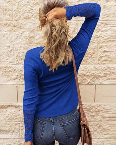 BTFBM Women Long Sleeve Shirts Spring Solid Button Up V Neck Lace Long Sleeves Slim Fit Knit Casual Fall T-Shirts 2026 view 5