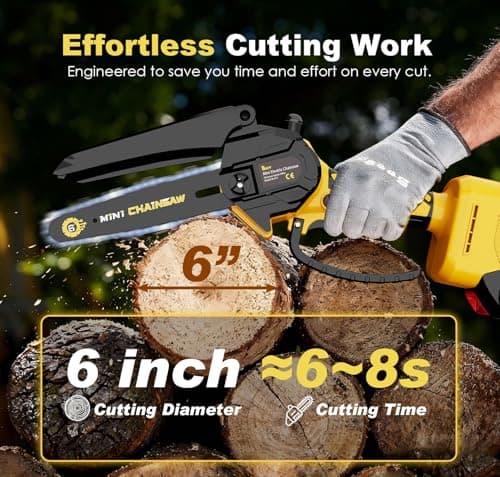 Mini Chainsaw Cordless 6 Inch – 21V Battery Powered Electric Pruning Saw with Automatic Oiler, Lightweight Handheld Chainsaw for Tree Trimming Wood Cutting, Gifts for Men Dad, Yellow view 2