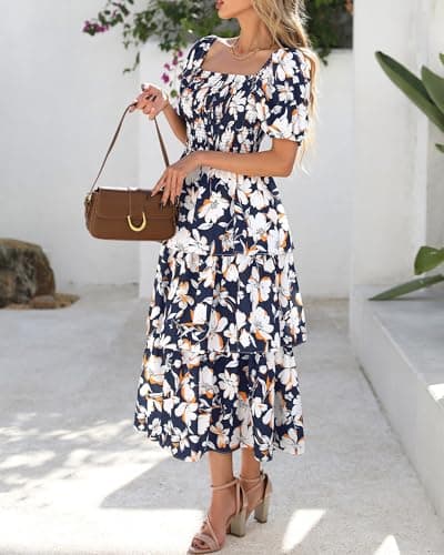 BTFBM Womens Square Neck Smocked Dress Summer Puff Short Sleeve Floral Casual Ruffle Tiered Maxi Wedding Guest Dresses view 6