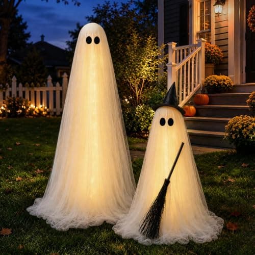 Halloween Decorations Outdoor, 2 Packs Light-Up Spooky Ghost Witch Broom view 5