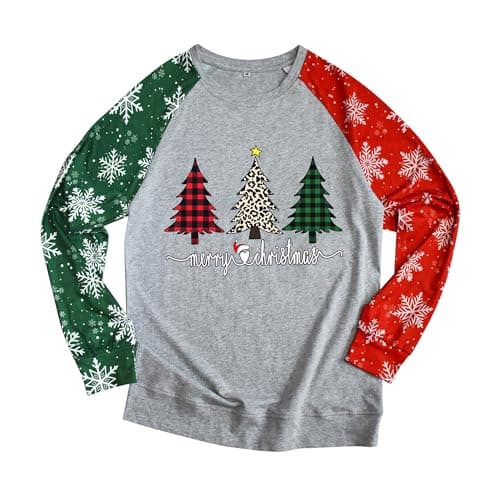 Christmas Shirts for Women:Tree Color Block Long Sleeve Xmas Tops view 3