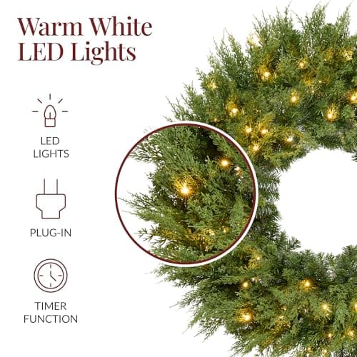 Best Choice Products Pre-Lit Cedar Cypress Christmas Wreath w/Twinkling LEDs, 30in Realistic Large Indoor/Outdoor Holiday Decor for Door, Plug-in view 6