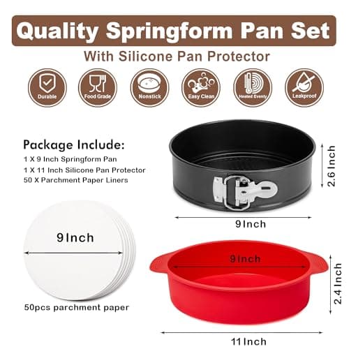 Springform Pan 9 Inch Nonstick, 9 Springform Cheesecake Pan with Silicone Protector, Leakproof Spring Form Pan for Cheesecake, 9 Inch Springform Cheese Cake Pans for Baking with 50 Parchment Paper view 2