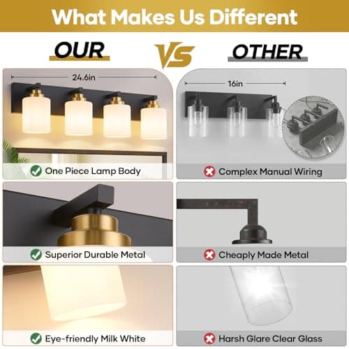 Bathroom Vanity Light Fixture, 4-Light Black and Gold Bathroom Light Fixtures Over Mirror with Milky White Glass Shades, Modern Vanity Lights for Bathroom Living Room Hallway (Bulbs Not Included) view 2