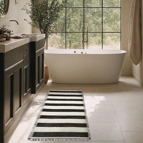 MatEssenz 2x4ft Waffle Bath Mat, Water Absorbing Bath Mat Nonslip Fast Drying Soft Foot Feeling Long Bathroom Rug for Bathroom, Machine Washable Runner Rug withTassels, Black and White Stripes view 3
