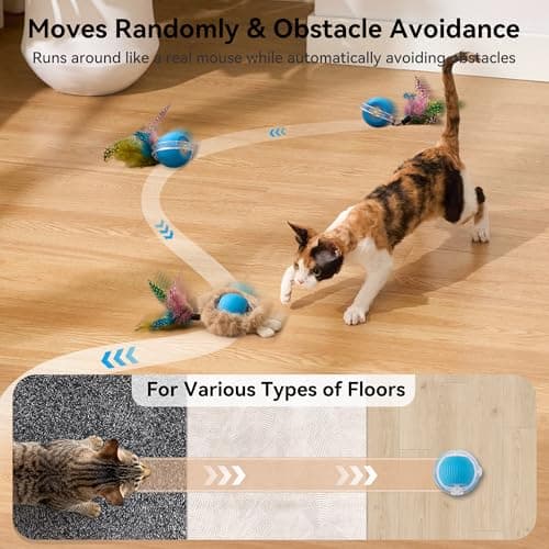 ZOMISIA Interactive Cat Toy Ball, Hide and Seek Cat Toys in Play Mat, Moving Rolling Kitten Toys for Indoor Bored Cats, Motion Activated Rechargeable Kitty Toys with 3 Tails/LED Light/Bird Chirping view 6
