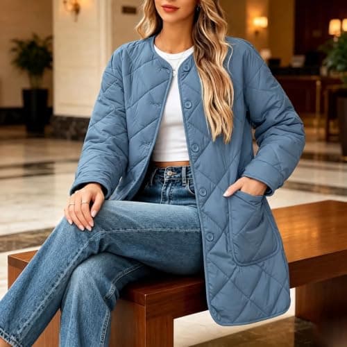 Quilted Jackets for Women Warm Mid Length Lightweight Puffer Coats | Casual Long Sleeve Button down Diamond Puffer Jacket Coats Fashion Fall Winter Padded Outerwear with Pockets view 6
