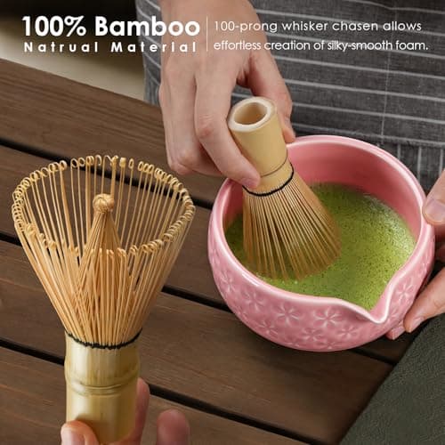 7Pcs Matcha Whisk Set, Matcha Set Whisk and Bowl,Bamboo Scoop, Scoop Rest, Sifter and Tea Towel, Matcha Kit W/Carved Cherry Blossm Pattern for Matcha Lovers (Sakura Pink) view 5