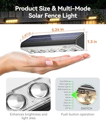 KOOPER Solar Fence Lights Outdoor Waterproof, 8 Pack Warm White & 9 Fixed Colors & Color Changing Fence Lights Solar Powered, Solar Lights Outdoor Fence for Outside Backyard Railing Patio Wall Deck view 5