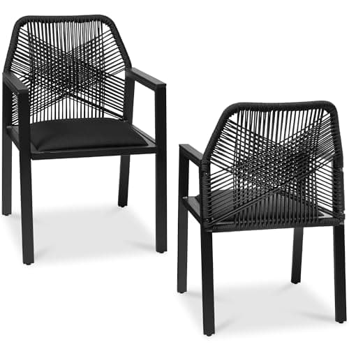 Best Choice Products Outdoor Dining Arm Chair Set of 2, Aluminum Frame with Armrest, All-Weather Woven Rope Chair Design - Black/Obsidian view 1