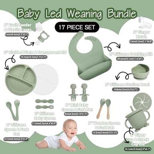 Baby Led Weaning Supplies, 17 Piece BPA-Free Silicone Feeding Set, Eating Essentials Baby Utensils with Suction Plate and Bowl, Pocket Bib, Sippy Cup with Lid, for 6+ Months, Green view 3