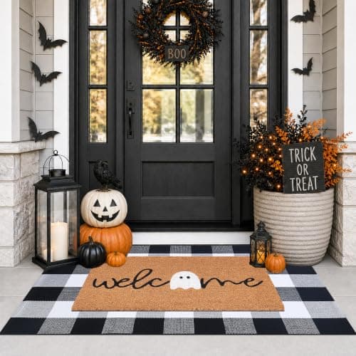 Halloween Door Mat Combo Set, Welcome Ghost Coco Coir Welcome Doormat + 28" x 43" Black and White Plaid Rug, Autumn Halloween Front Porch Entryway Decor Floor Mat view 4