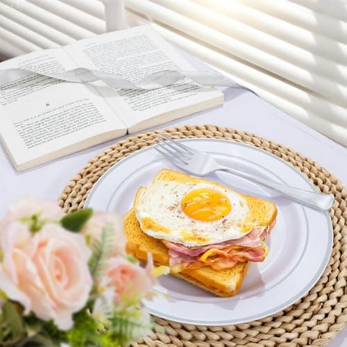 PULOTE 100PCS Silver Plastic Plates - 10 Inch Heavy Duty White with Silver Trim Plastic Dinner Plates Disposable for Dinenr, Party, Wedding & Christmas view 6