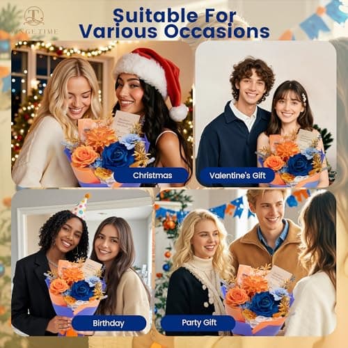 TINGE TIME Preserved Flowers Bouquet, Orange & Navy Blue Roses Gift Bouquet, Eternal Roses Bouquet for Wedding, Table Centerpieces, Mothers Day, Birthday Gifts, Anniversary, Graduation view 3