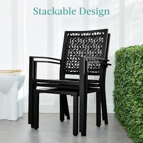 Best Choice Products 3-Piece Outdoor Bistro Set, Stackable Modern Steel Furniture for Porch, Garden w/ 2 Chairs, Table, Geometric Decor - Black view 5
