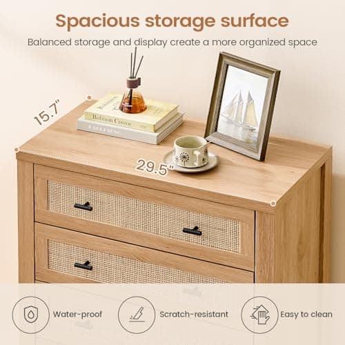 VIAGDO Rattan Dresser for Bedroom, Vertical Tall Rattan Dresser with 5 Storage Drawers, Boho Wood 5 Drawer Dresser with Thick Legs, Wooden Chest of Drawers for Bedroom, Entryway, Living Room, Natural view 4