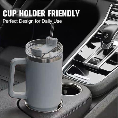 REVGOZU 40 Oz Tumbler with Handle Straw Lid Insulated Stainless Steel Vacuum Reusable Coffee Cup Holder Friendly Keep Drinks Cold Gifts for Lover Women Men Car Gym Travel (Grey) view 6