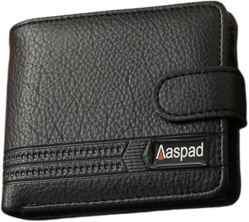 Aaspad Leather Wallet for Men's Gift Bifold Style Fasten with Belt Buckle Button Closure Bank Credit Card Slots Coin/Airtag pockets and 2 transparent Photos and ID Windows(Black) — image 1