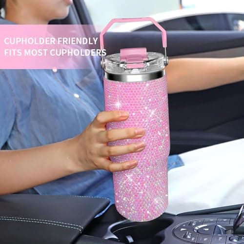 30oz Bling Rhinestone Studded Tumbler with Top Handle, Bling Cups Stainless Steel Water Bottle Diamond Glitter Tumbler for Women - Birthday Gifts for Women, Mom,Get Well Soon Gifts (Pink) view 6